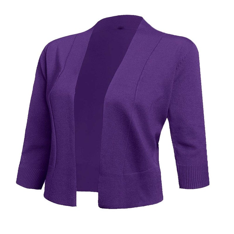 AAMILIFE Women's 3/4 Sleeve Cropped Cardigans Sweaters Jackets Open Front Short Shrugs for Dresses (X-Large, Purple) - Image 1